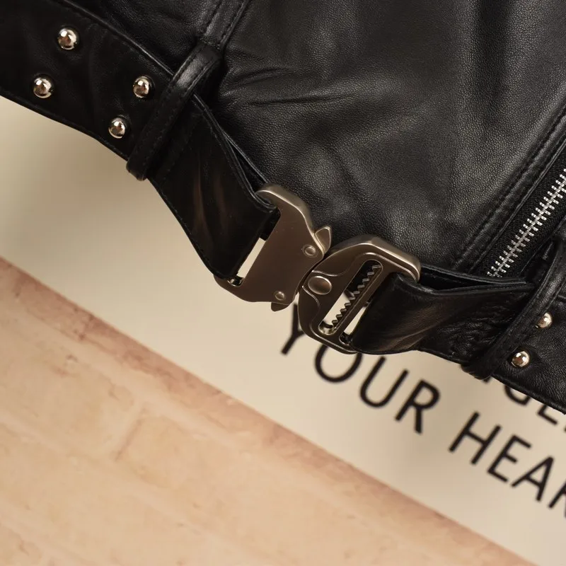 2023Spring Autumn New Women Moto Biker Sheepskin Genuine Leather Jacket Zippers Buckle Punk Style Coat Female Rivets Short Jacke