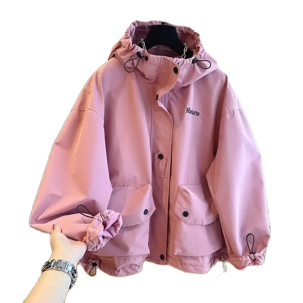 

Design Sense Niche Loose Tooling Jacket Hooded Pink Windbreaker Jacket Women's Spring And Autumn Double Pocket Jacket Tide.