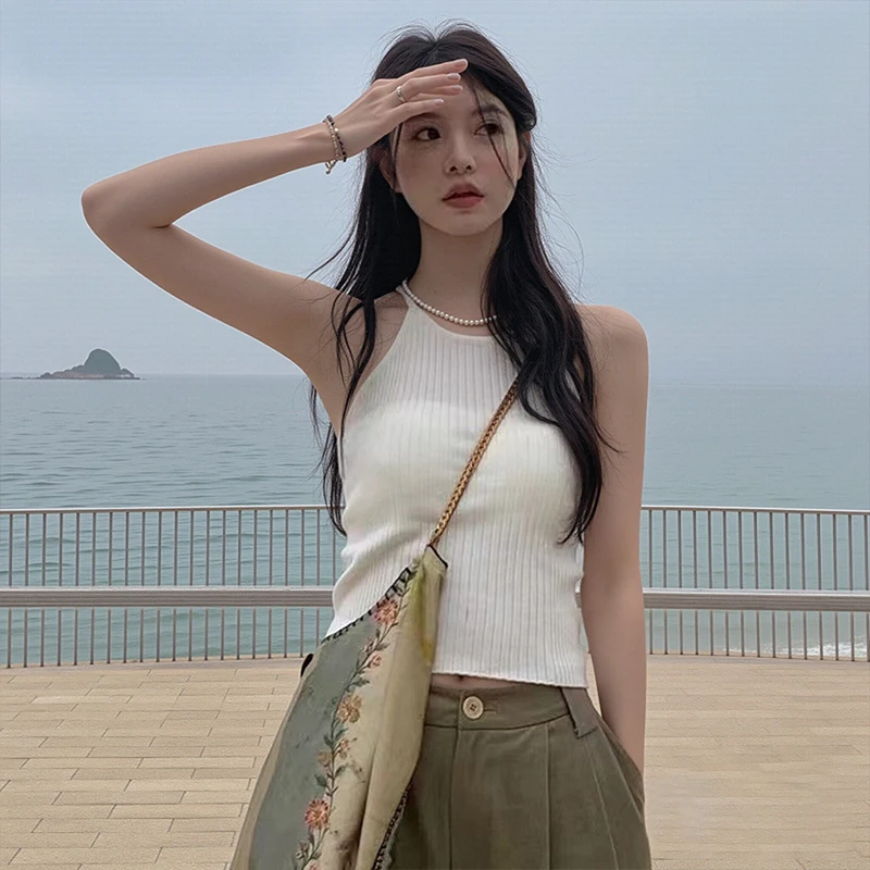 

Korean Style Round Neck Summer Fashion Slim Elastic Solid Color Vest For Women