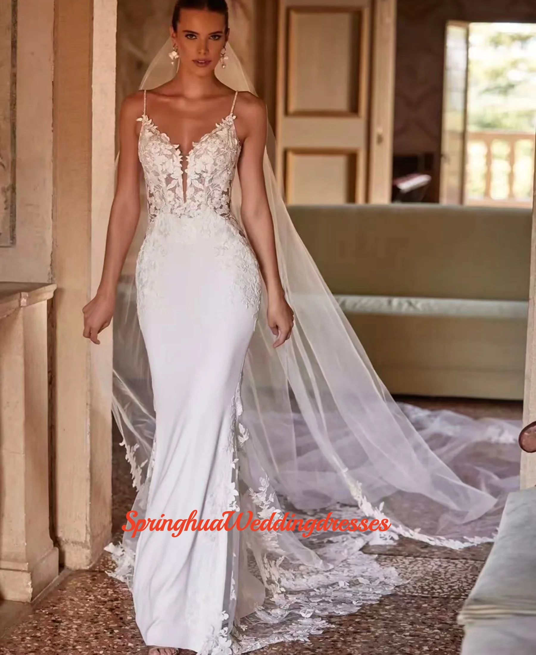 

Изысканное свадебное платье с V-образным вырезом, кружевными аппликациями, без рукавов, с открытой спиной, сексуальное, на заказ