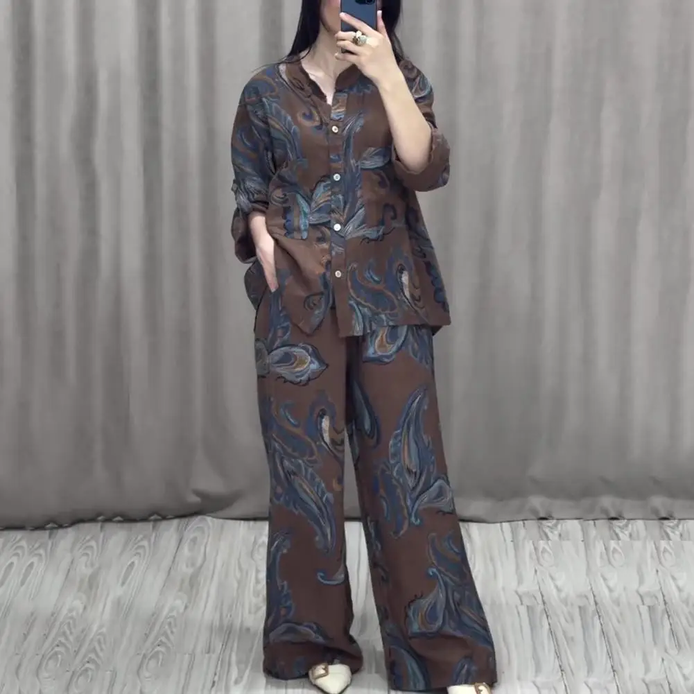 Retro-inspired Women Clothing Set Two-piece Women Shirt Pants Set Stylish Women's Shirt Pants Set with Printed for Commute