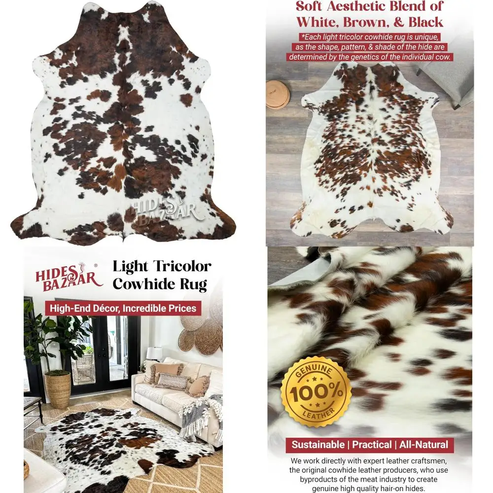 

Tricolor Cowhide Rug: Premium Natural Light Brown, Black, and White Patterns for Home and Office Decor