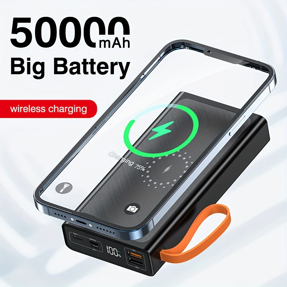 50000mAh Ultra Fast Charging Wireless Power Bank Rechargeable USB-C Interface Suitable for Travel Sea Fishing, and Hiking