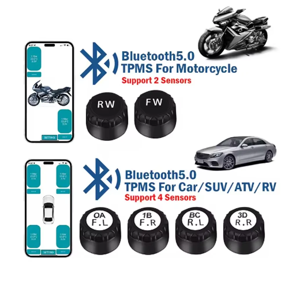 

Motorcycle Bluetooth-Compatible Tire Pressure Monitoring System TPMS Tire Pressure Sensors External Sensor Android/IOS Car TMPS