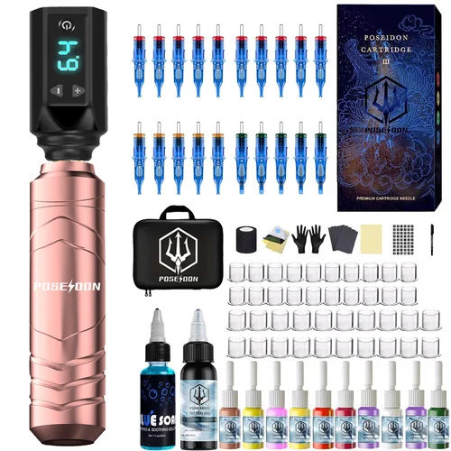Imagen 1 del producto Kit de tatuaje POSEIDON, nuevo Kit de pluma de tatuaje rosa para maquillaje permanente, Kit de máquina de tatuaje, fuente de alimentación inalámbrica para tatuaje, Kit de tatuaje