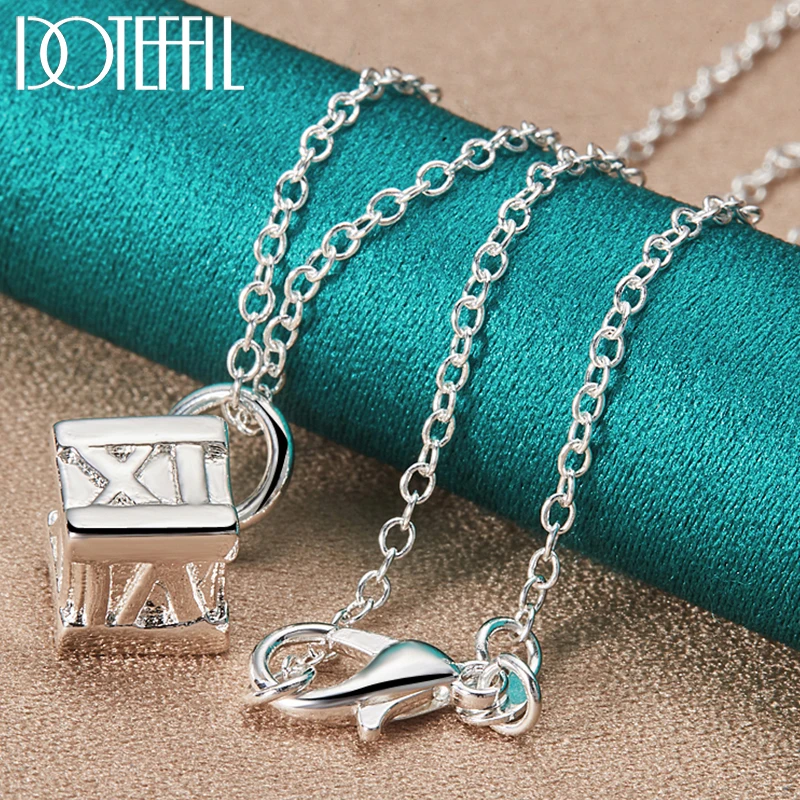 DOTEFFIL 925 Sterling Silver Square Roman Numeral Pendant Necklace For Woman Man18-30 Inch Chain Wedding Party Jewelry