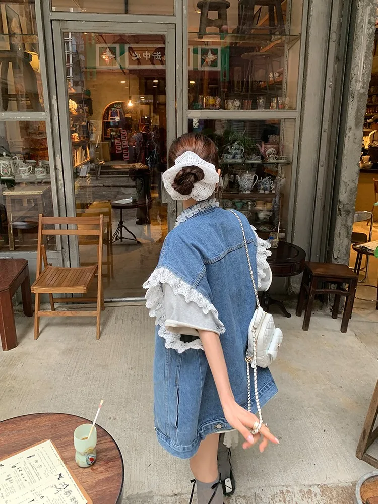 

Женская джинсовая жилетка DULA с кружевной отделкой, свободного кроя, универсальная, для весны и лета, хлопковая, повседневная, с круглым вырезом