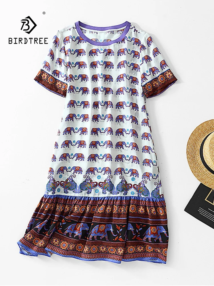 BirdTree, 100%Real Silk Elegant Dresses, Women Short Sleeve O Neck Printed, Fashion Commute Vacation Dress, 2024 Summer D46419QC