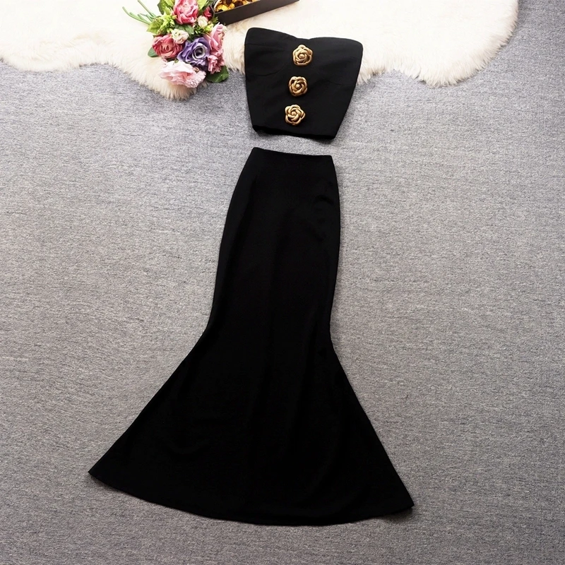 3D gold flower Tank top and high waist fishtail skirt with high-end black two-piece set 2024 new