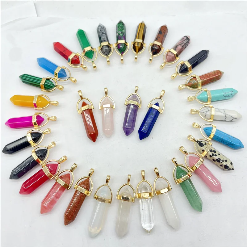 Fashion Natural Gem Stone Quartz Crystal Tiger Eye Hexagonal Pendulum Reiki Pendant Charms DIY Jewelry Making Necklaces 24Pcs