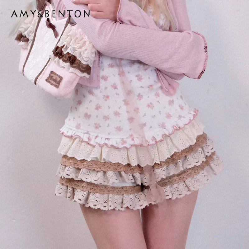 Original Design Women's Clothing 2026 Summer New Sweet Cool Lace Splicing Cute Fungus Edge High Waist Leggings Shorts Ladies