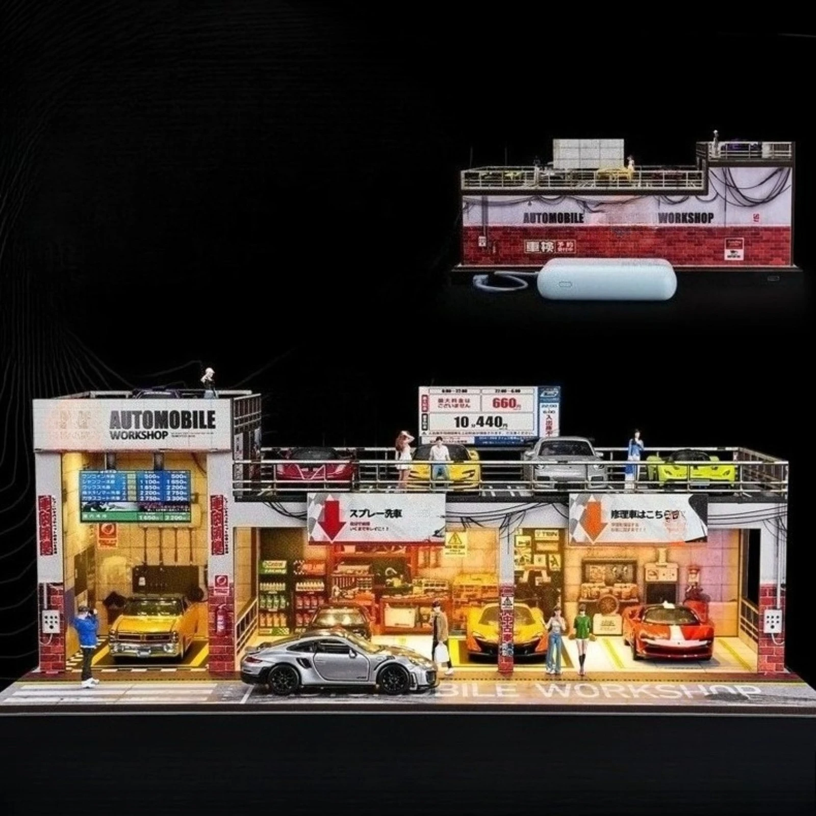

Diorama 1/64 Repair Workshop Garage Model LED Lighting Multi-storey Parking Lot Scene Model Car Display Building Kits Toy
