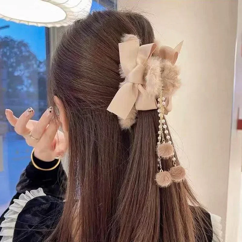 Frauen Perlen Quaste Haar Krallen elegante Bogen Kunst pelz Griffe süße lange Haare halten Plüsch Haarnadel Mode Haarschmuck Klaue Krabbe