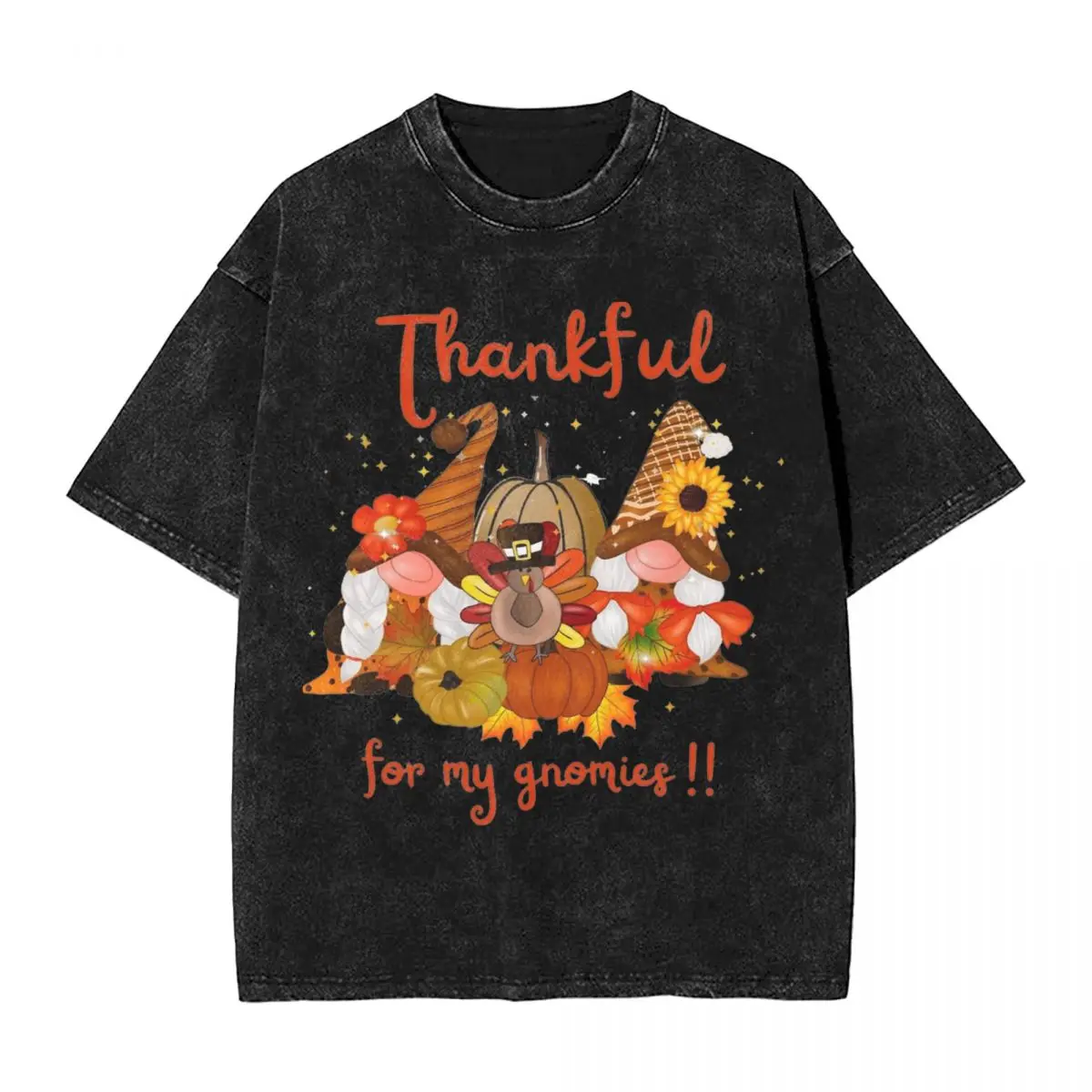 Happy Thanksgiving Gnomes T Shirts Pumpkin With Autumn Falling Leaves Top Tees Short Sleeves T Shirt O Neck Casual Tee Shirt