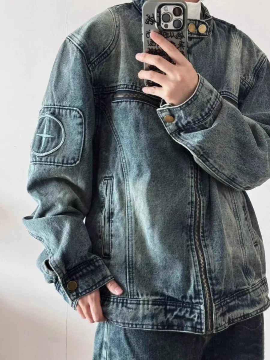 

Джинсовая куртка с вышивкой в стиле ретро, свободная посадка, рабочая одежда Long Sve, синие топы для пар, молодежная осенняя коллекция Faion