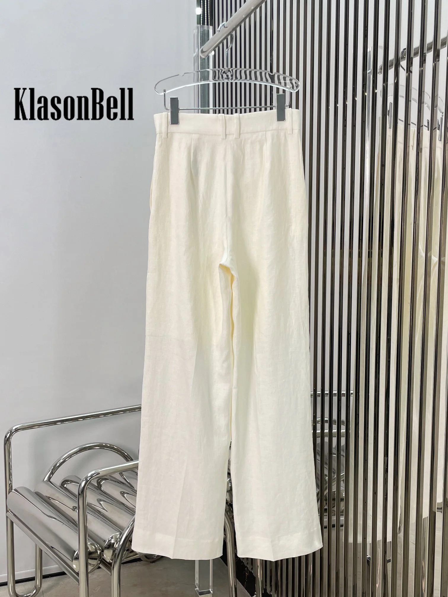 7.21 KlasonBell Women Temperament Simple Linen Thin Suit Single Button Split Blazer Or Straight Wide Leg Pants Set