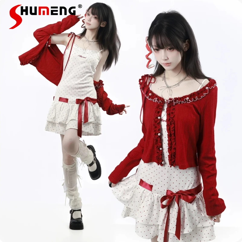 

Летнее модное красно-белое контрастное трикотажное платье в горошек с красным коротким кардиганом, американский винтажный комплект с платьем на бретельках