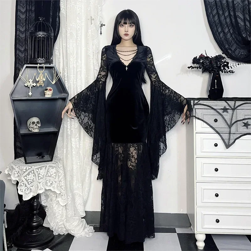 Y2K Goth Floral Lace Mesh Flared Sleeve Bodycon Party Dresses Sexy Vintage Elegant Black Velvet V-Neck Long Dress Partywear