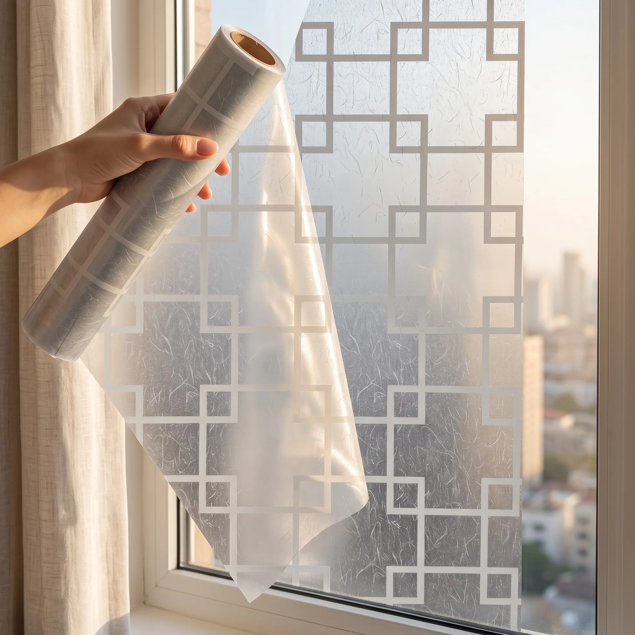 Static Cling No Glue Frosted Window Film White Geometric Square Lattice Privacy Glass Film, Nordic Japanese Decor for Bathroom B