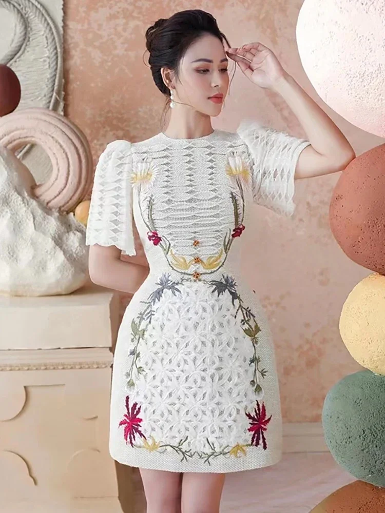 

Elegant Dress Puff Sleeve Patchwork High Waist Embroidery Flowers A-line Women's Dresses 2024