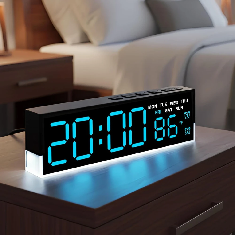 LED Digital Alarm Clock with Bottom Glow Light, Displays Time, Date, Day, Temperature, Dual Alarms, DST, Auto/Manual 3-Level Brightness, Battery or USB Powered Desk Clock, Blue