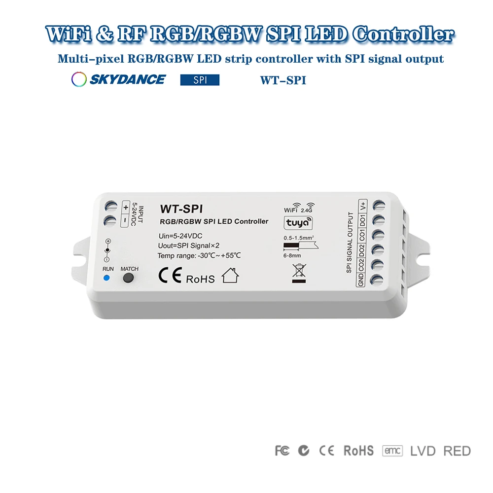 Skydance WT-SPI DC5-24V Tuya Smart WiFi + 2.4GHzRF SPI APP Controlador para WS2811 WS2812 WS2815 Pixel RGBIC/RGBWIC LED Strip Light
