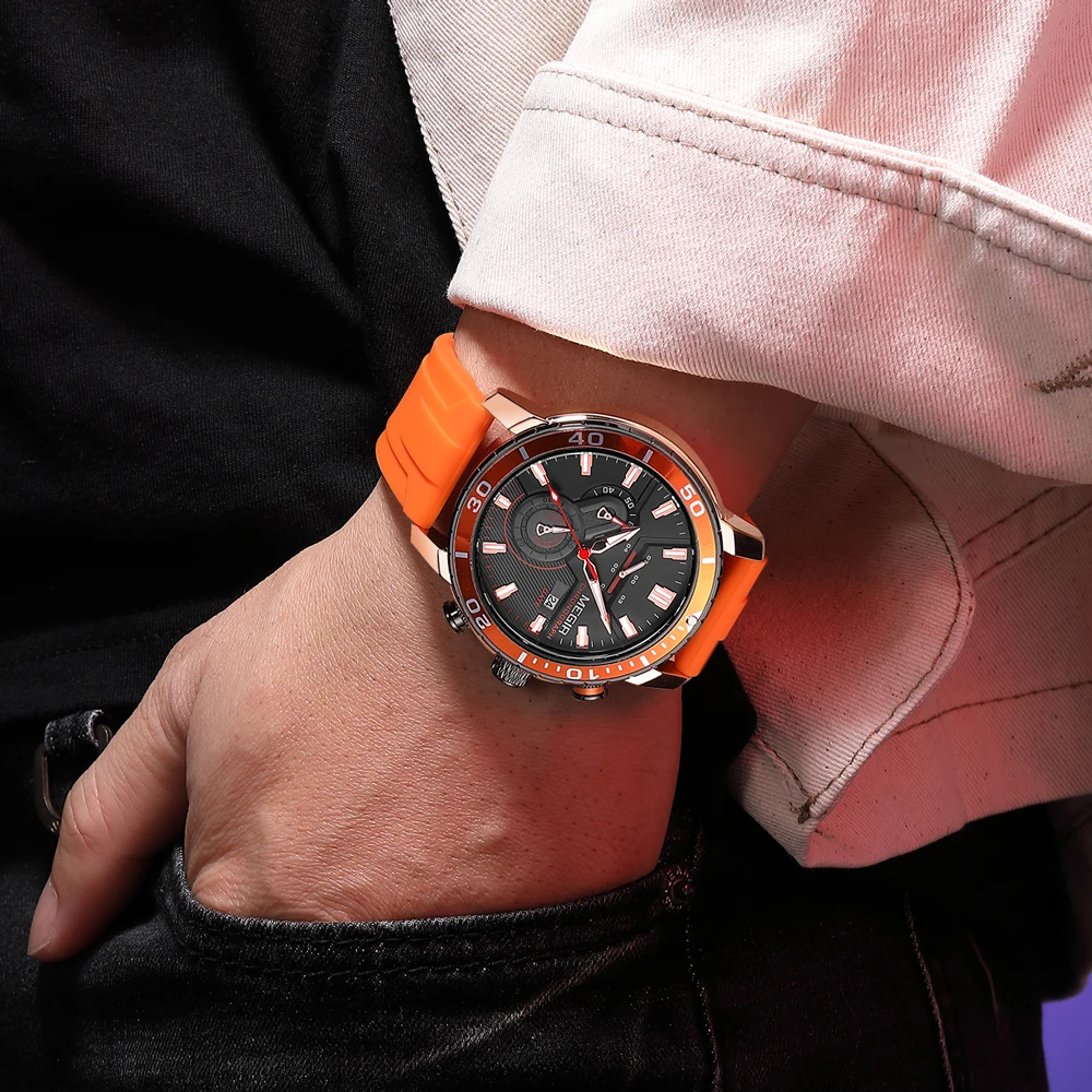 MEGIR Orange Silicone Strap Chronograph Sport Watch for Men Fashion Waterproof Wristwatch with Luminous Hands Auto Date 24-hour