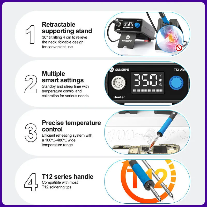 SUNSHINE T12 ULTRA Smart Soldering Station Standby and Sleep Time with Temperature Control and Calibration for Various Needs