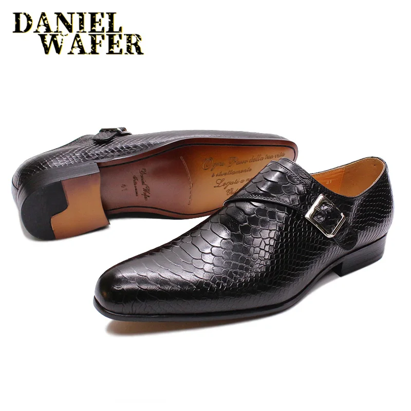 

Luxury Men's Loafers Genuine Leather Snake Skin Prints Monk Strap Slip on comfortable Casual Formal Dress Office Shoes for Men