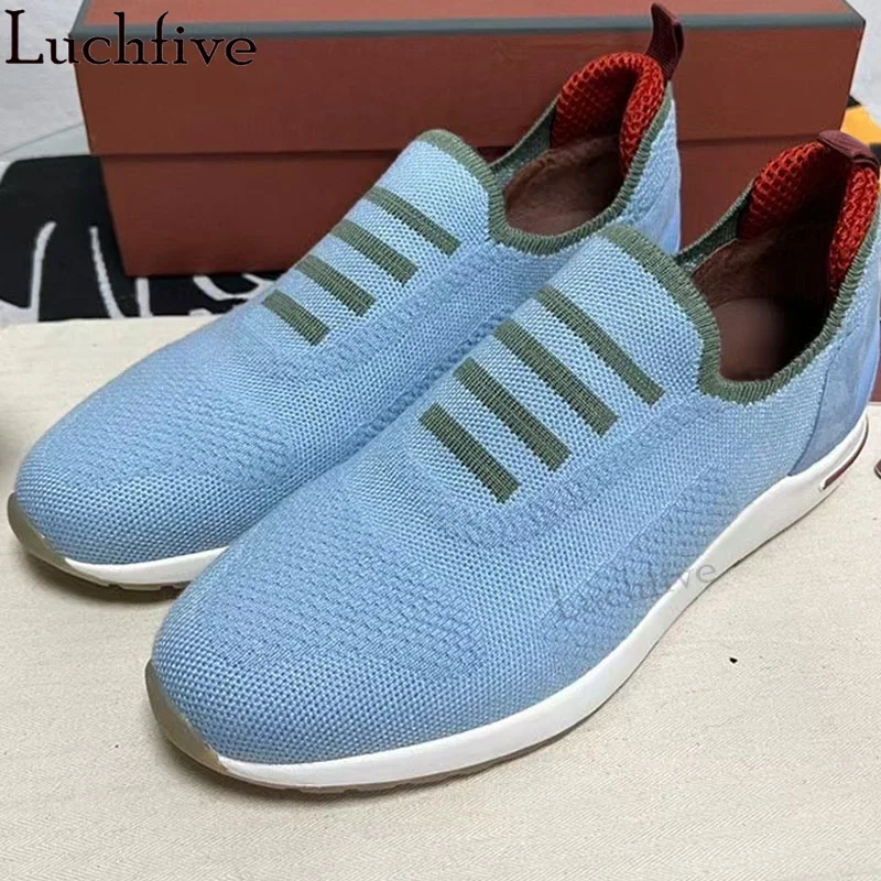 Plus Size Knitted Flat Shoes Women Casual Lace up Slip On Sneakers Shoes Multicolor Round Toe Luxury Brand Walking Shoes Unisex