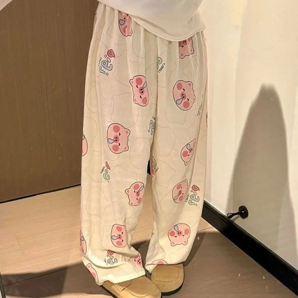 Fashion Cartoon Print Long Pants Wide Leg High Waist Sleep Bottoms Loose Casual Home Pants Summer