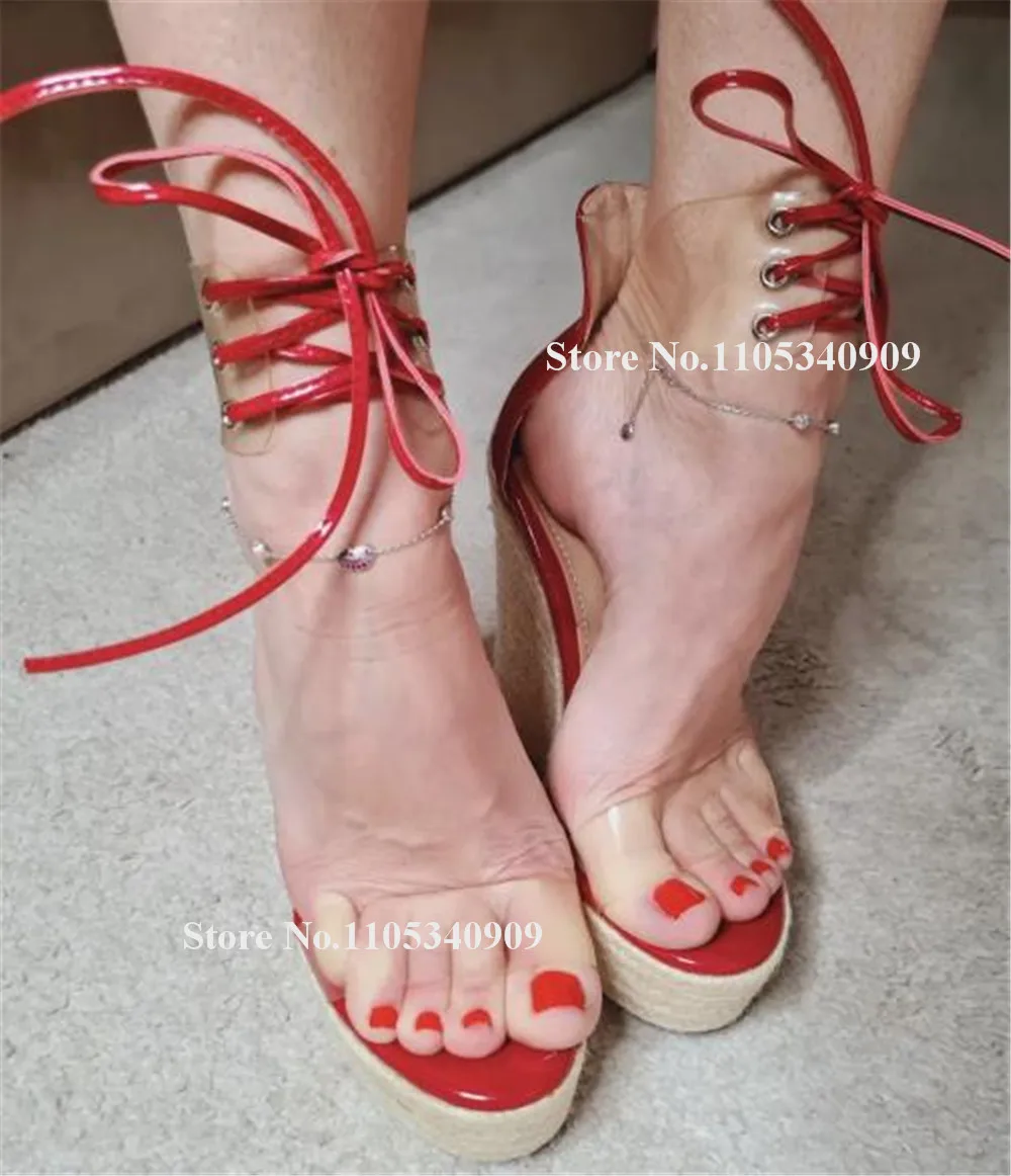 

Bondarenko Red Patchwork PVC Straps Wedge Sandals Open Toe Ankle Transparent Lace-up High Platform Wedges Dance Shoes