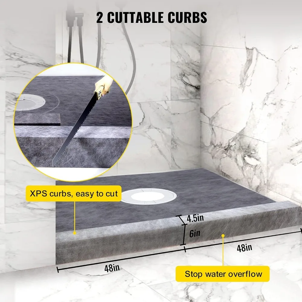 Shower Curb Kit, 48"x48" Watertight Shower Curb Overlay , 4" Stainless Steel Grate, 2 Cuttable Shower Curb