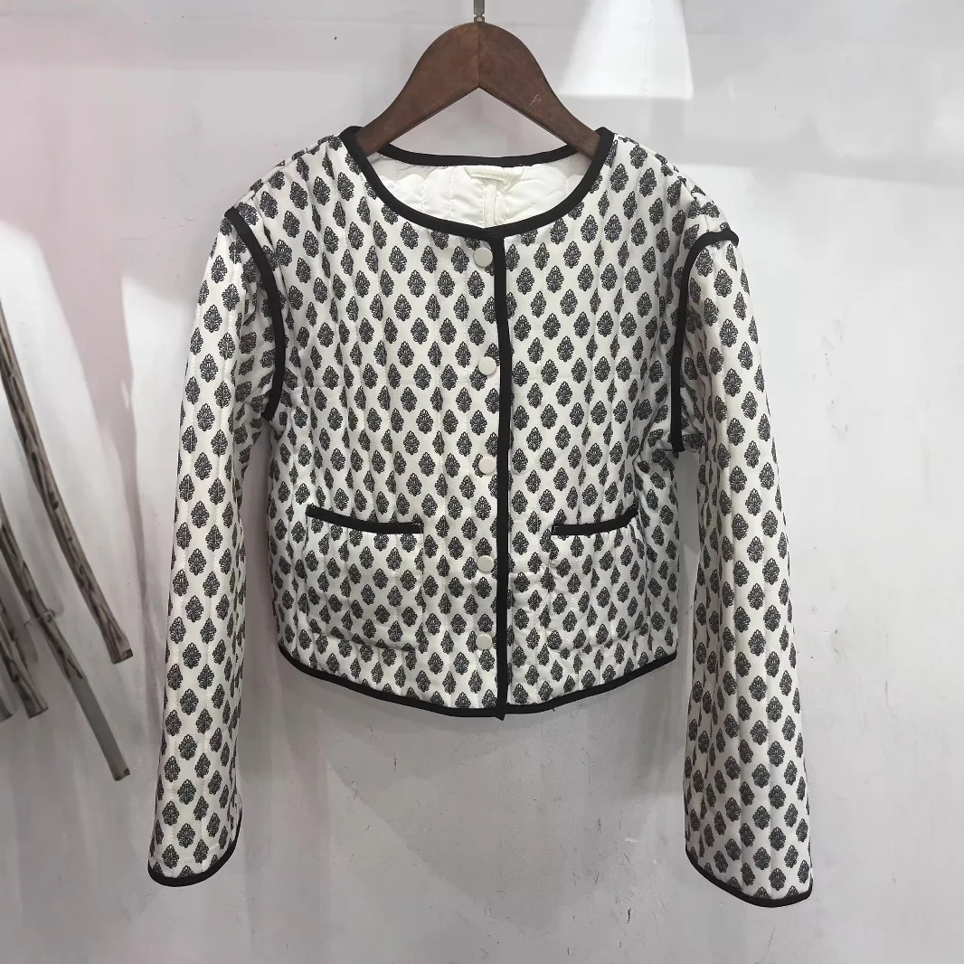 

Зимнее женское стеганое пальто с принтом, однобортная стеганая куртка с круглым вырезом и цветным принтом для женщин, укороченная утепленная женская куртка