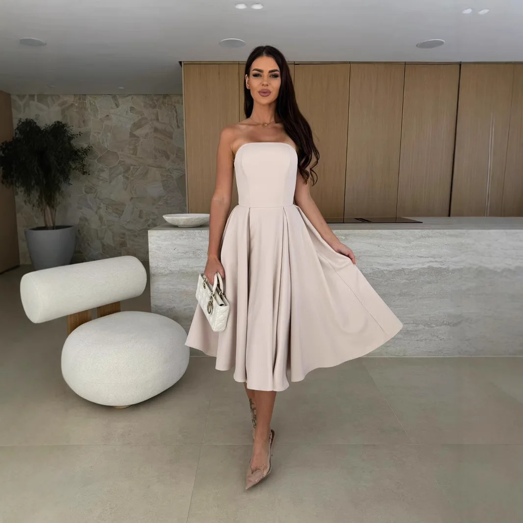 

Temperament Women Tube Tops Waist Long Dress Elegant Strapless A-line Folds Dress Elegant Off Shoulder Solid Pleat Party Dress