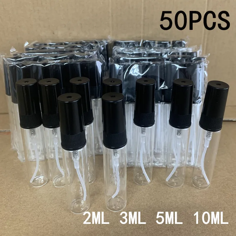 5/50 Uds 2ML 3ML 5ML 10ML botella de Perfume de vidrio de alta calidad botella con pulverizador Mini subbotella de viaje portátil muestra viales de vidrio fino