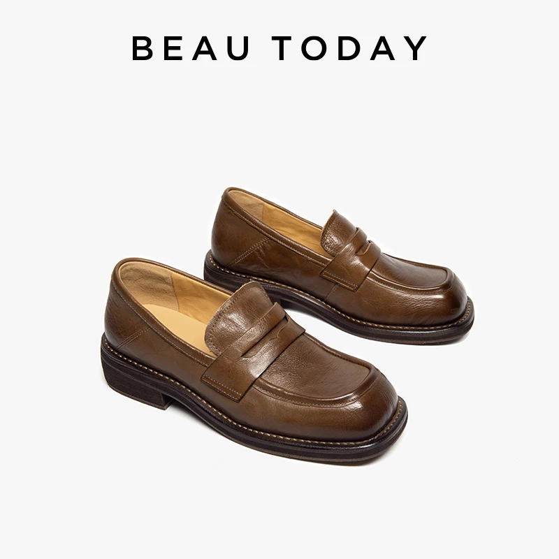 BEAUTODAY Penny Loafers Women Cow Leather Square Toe Retro Style Waxing Solid Color Ladies Casual Shoes Handmade 26415