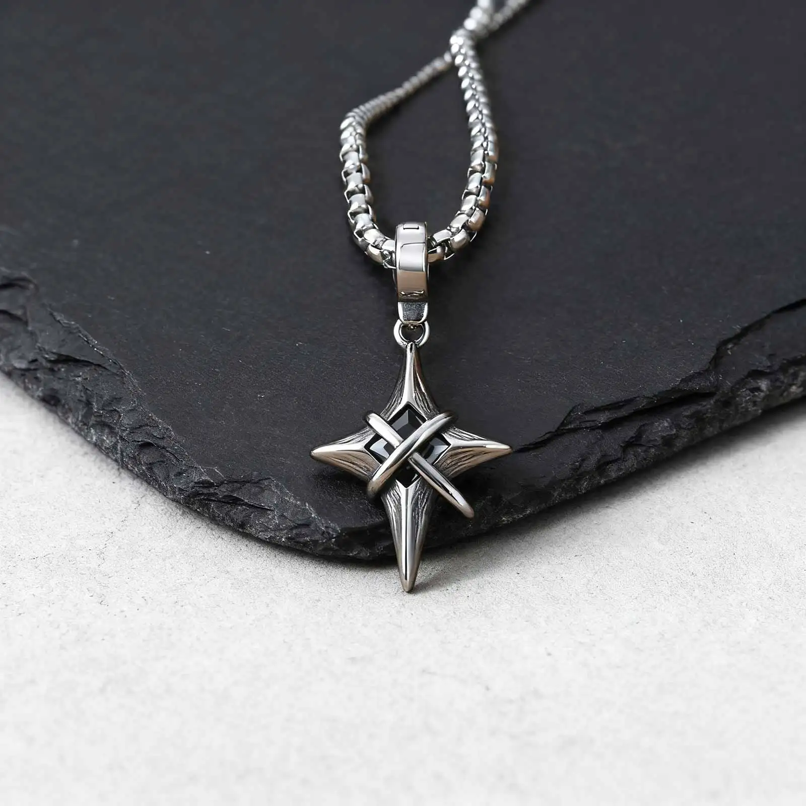 Minimalistische Sternkreuz-Halskette mit Anhänger aus Edelstahl für Männer, Punk-Hip-Hop-Unisex-Halsbänder, Y2K-Modeschmuck-Geschenke – Detail 1
