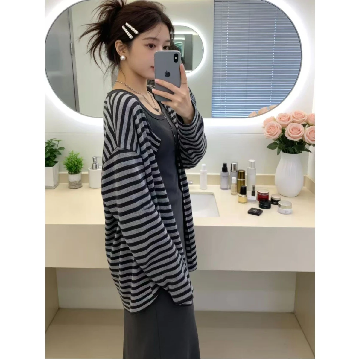 

Hong Kong Style Retro Slimming Long Sleeve Sun Protection Striped Open Cardigan Coat Casual Fashion Women's Summer Outerwear