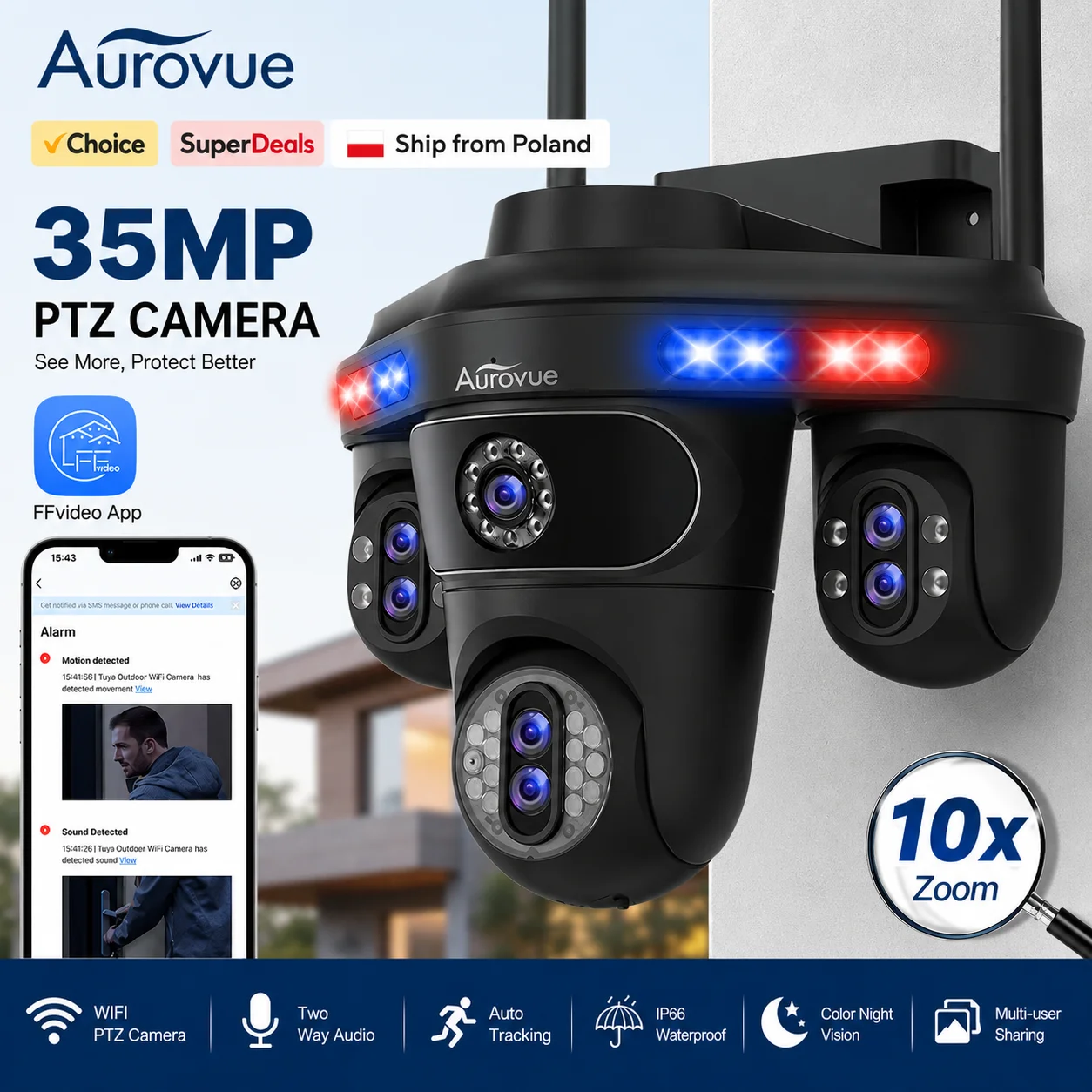35MP WLAN-IP-Kamera 4 Bildschirme 7 Linsen 10-fach Zoom Outdoor Kabellose PTZ-Sicherheitskamera Auto-Tracking CCTV-Überwachungskamera