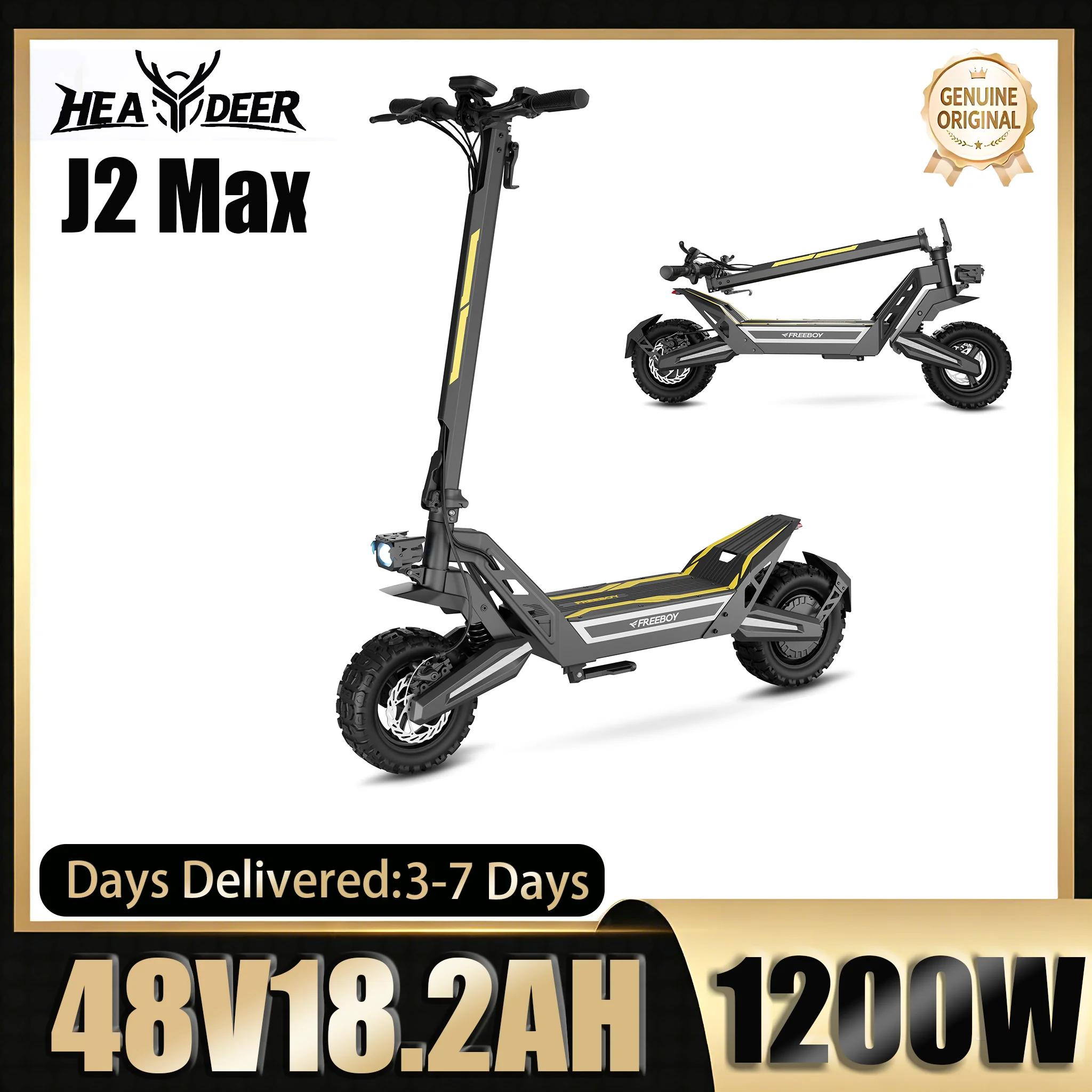 Monopattini elettrici FREEBOY J2 Max, motore da 1200 W, batteria da 48 V e 18,2 Ah, ammortizzatori anteriori e posteriori, pneumatici da 11 pollici, adatti a terreni accidentati, facili da piegare.