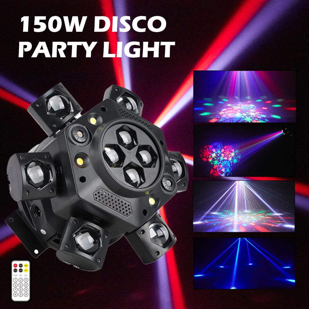 

150W Disco Party Lights Remote Control 6 Arms Bee-Eyes Moving Head DJ Light Mini Beam RGBW DMX512 Stage Effect for Club Events