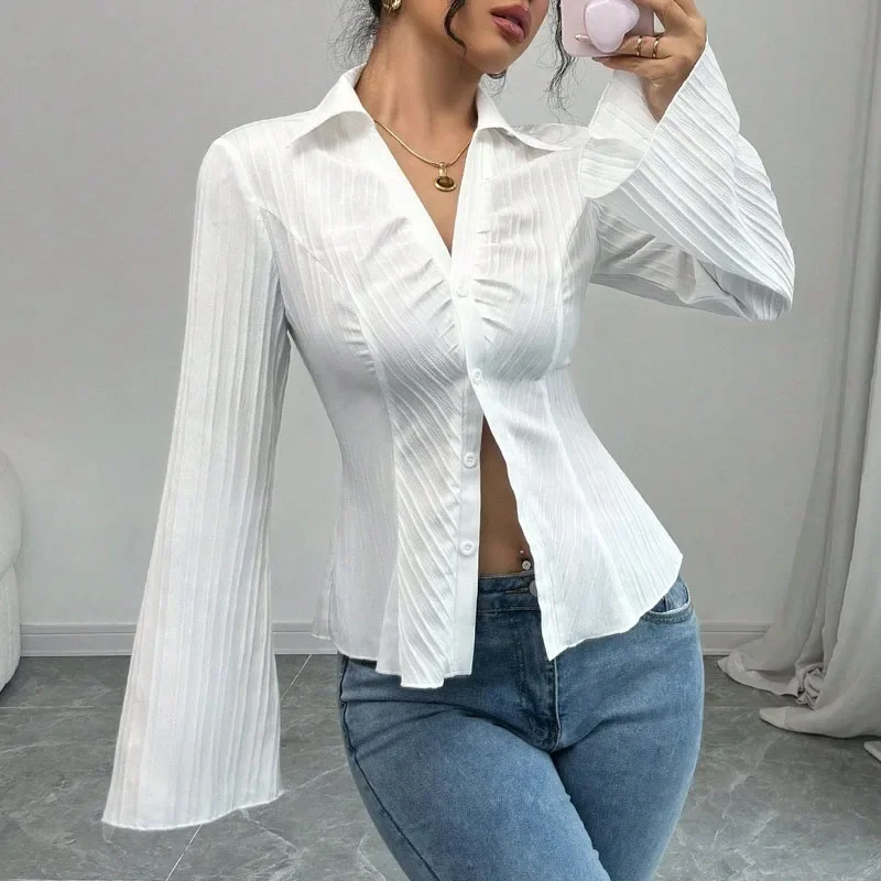 Fashion Turn Down Collar Women Shirt Blouse Long Sleeve Slim White Shirt Blouse Women Tops Camisas Blusa Camisas De Mujer Q881