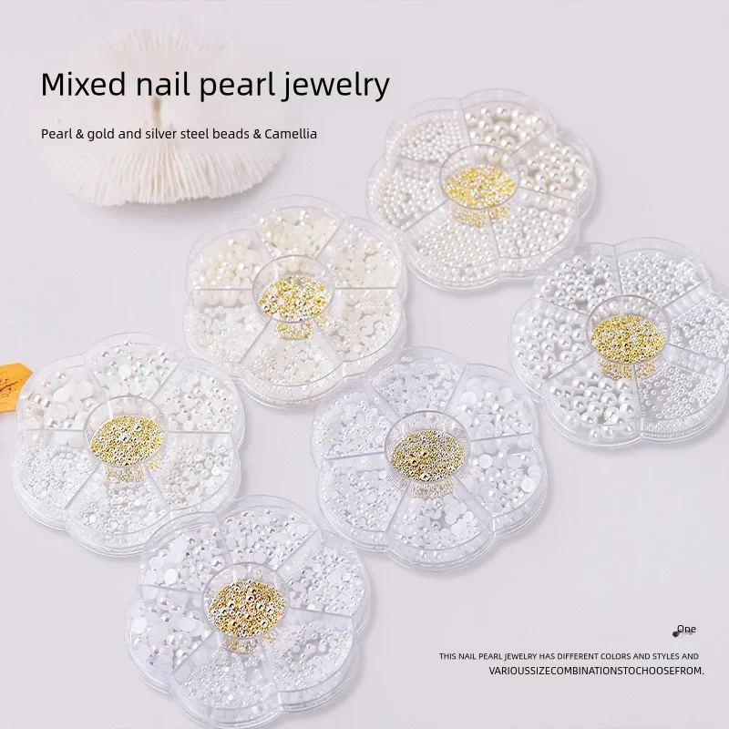 Pearl Flat Bottom Flat Bottom 7-Grid Nail Mixed Color Rhinestones Pearl Decor Simulated DIY Jewelry Making Metal Beads Nail Art