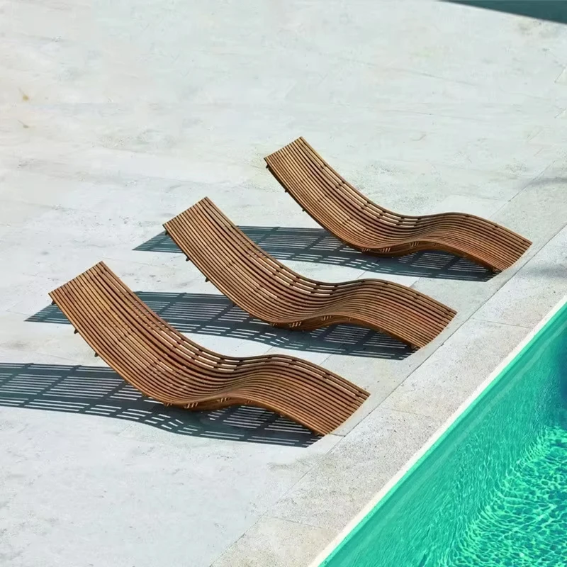 Modern and Simple Teak Reclining Sun Lounger with Waterproof and Sunscreen Features for Villa Patio Pool Balcony Garden