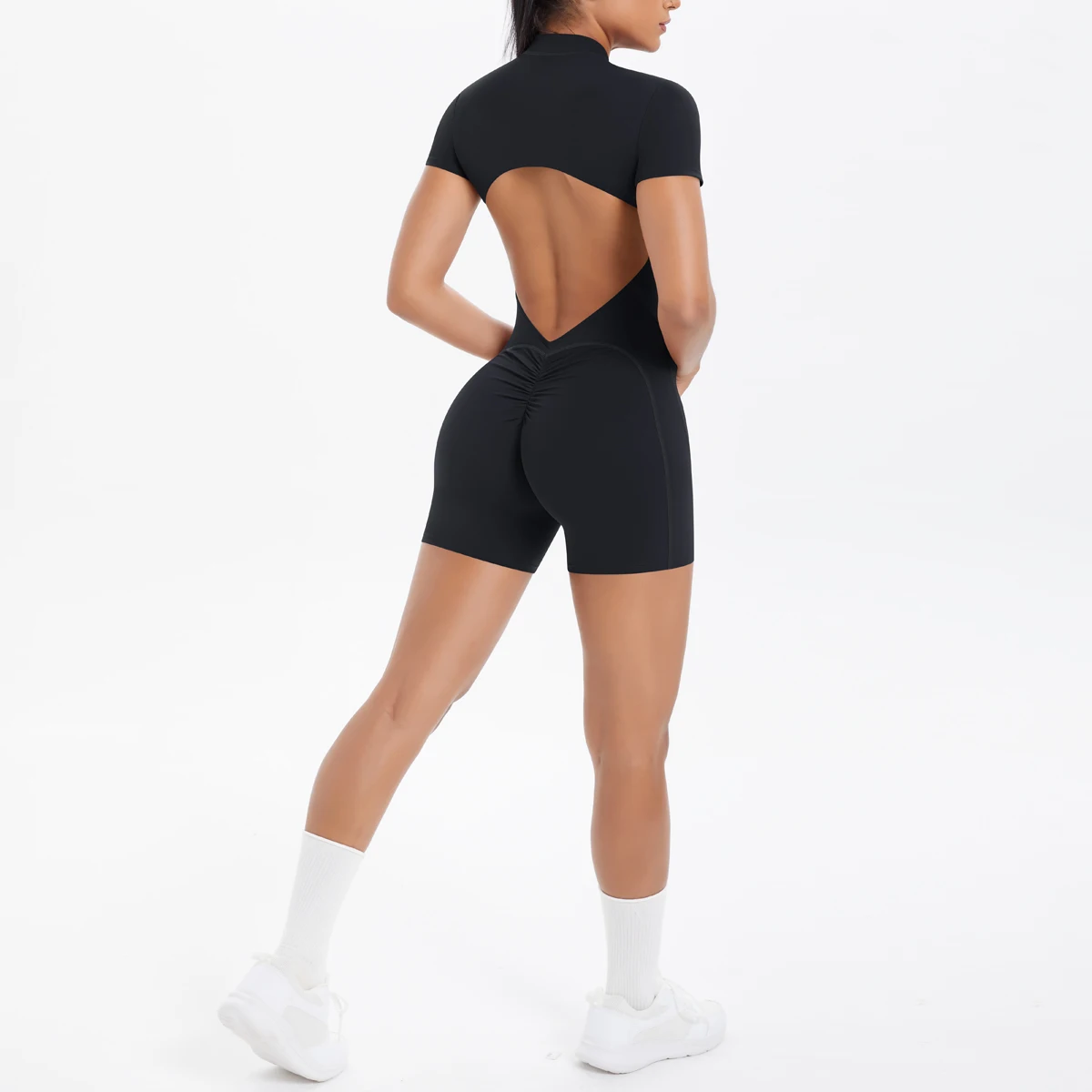 Ausgehöhlter, rückenfreier, kurzärmliger Reißverschluss-Overall für Damen, Overall, Yoga-Anzug, einteilige Legging, kurze Push-Up-Gymnastik-Yoga-Kleidung – Detail 39