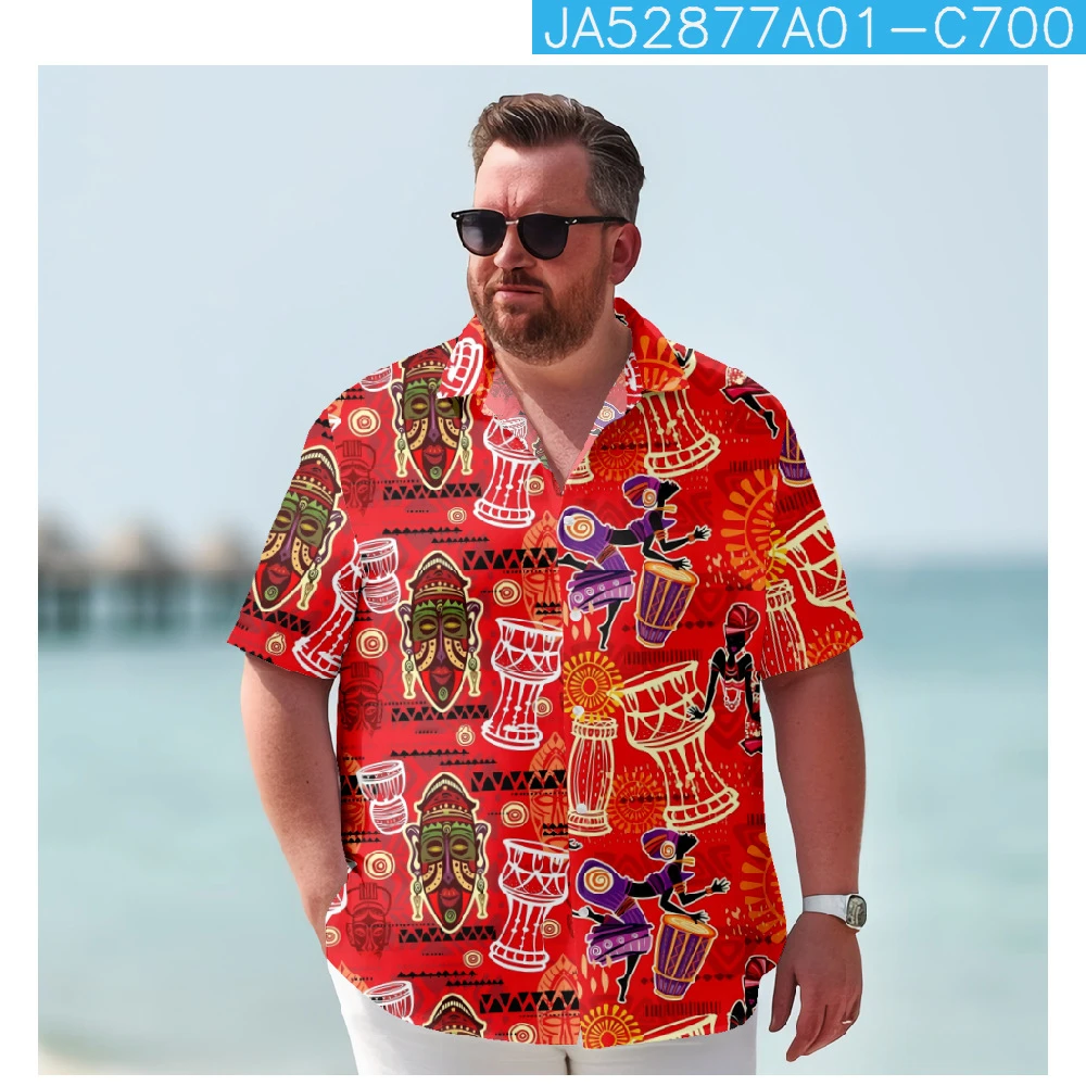 

Summer Men's Short Sleeve Streetwear Hawaiian Red Printed Single breasted Casual Loose Beach Shirt