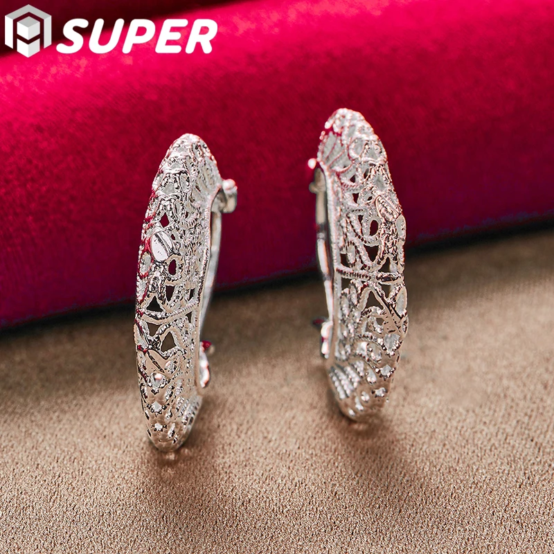 

925 Sterling Silver Hollow Flower U Circle Earrings For Women Lady Best Gift Fashion Charm Silver Wedding Jewelry