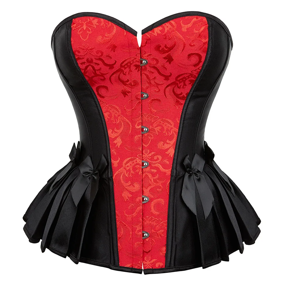 Women Overbust Corset Vintage Jacquard Satin Fashion Pleated Hem Bustier Top Gothic Body Shaper Corselet
