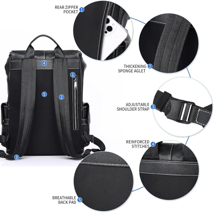 حقيبة ظهر من الجلد الطبيعي من نابا للرجال متعددة الوظائف مقاس 15 بوصة للكمبيوتر المحمول باللون الأسود حقيبة ظهر كاجوال للسفر حقيبة ظهر للعمل #5